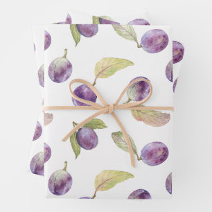 Watercolor Plum Fruit with Leaves White Wrapping Paper Sheets