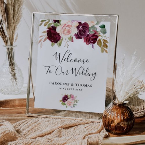 watercolor plum purple floral wedding welcome sign