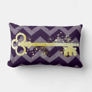 Watercolor Plum Purple & Gold Ornate Key Chevrons Lumbar Pillow
