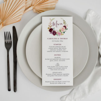 Watercolor plum purple & peach wedding menu