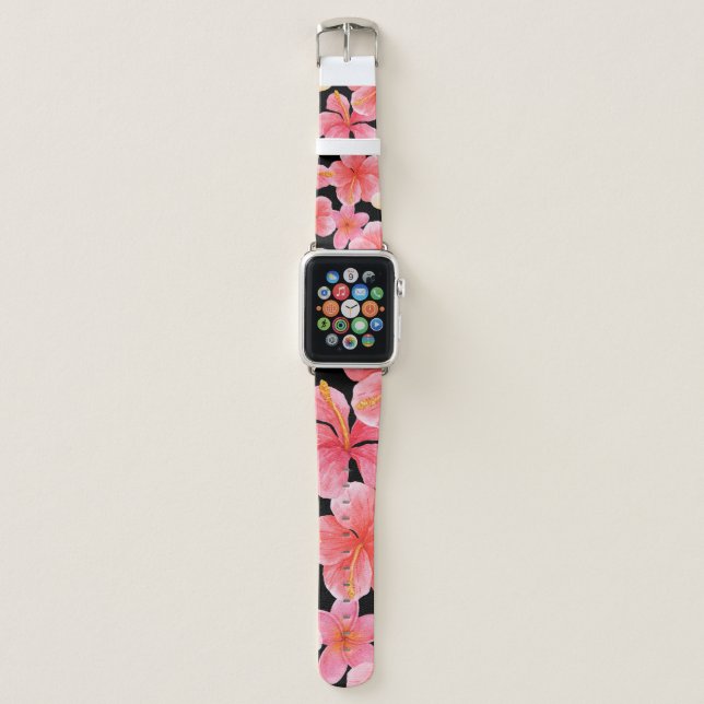 Watercolor Plumeria Hibiscus Flowers Pattern Apple Watch Band (Front)