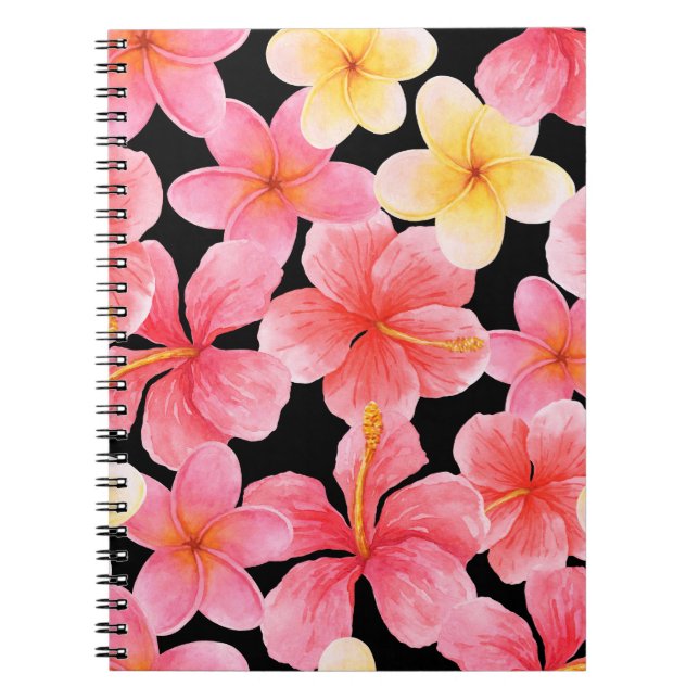 Watercolor Plumeria Hibiscus Flowers Pattern Notebook (Front)