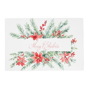 Watercolor poinsettia and greenery Christmas Placemat