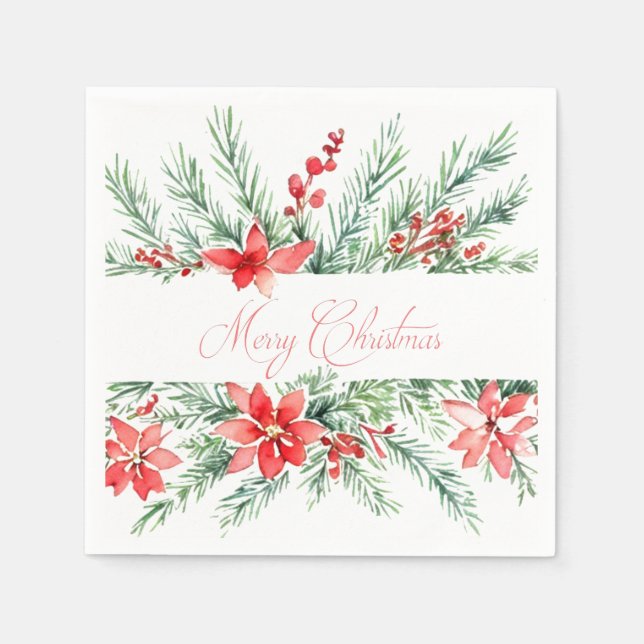 Watercolor poinsettia and greenery  napkins (Front)