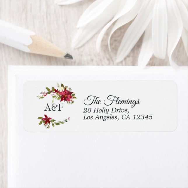 Watercolor Poinsettia and Holly Christmas Monogram Label (Insitu)