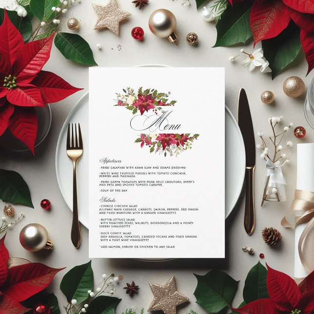 Watercolor Poinsettia and Holly Christmas Wedding Menu (Watercolor Poinsettia and Holly Christmas Wedding Menu)
