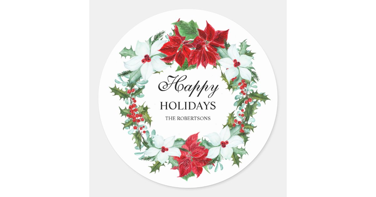 Watercolor Poinsettia and Holly | Happy Holidays Classic Round Sticker ...