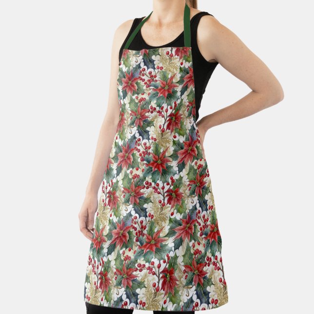 Watercolor poinsettia and holly pattern Christmas Apron (Insitu)
