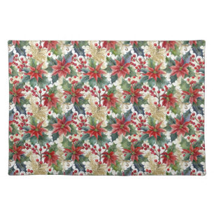 Watercolor poinsettia and holly pattern Christmas Cloth Placemat