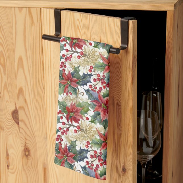 Watercolor poinsettia and holly pattern Christmas Kitchen Towel (Thirds Fold)