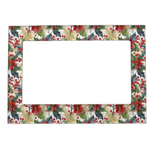 Watercolor poinsettia and holly pattern Christmas Magnetic Frame
