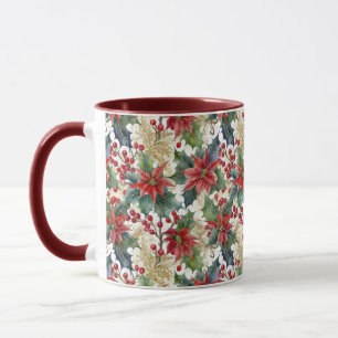Watercolor poinsettia and holly pattern Christmas Mug