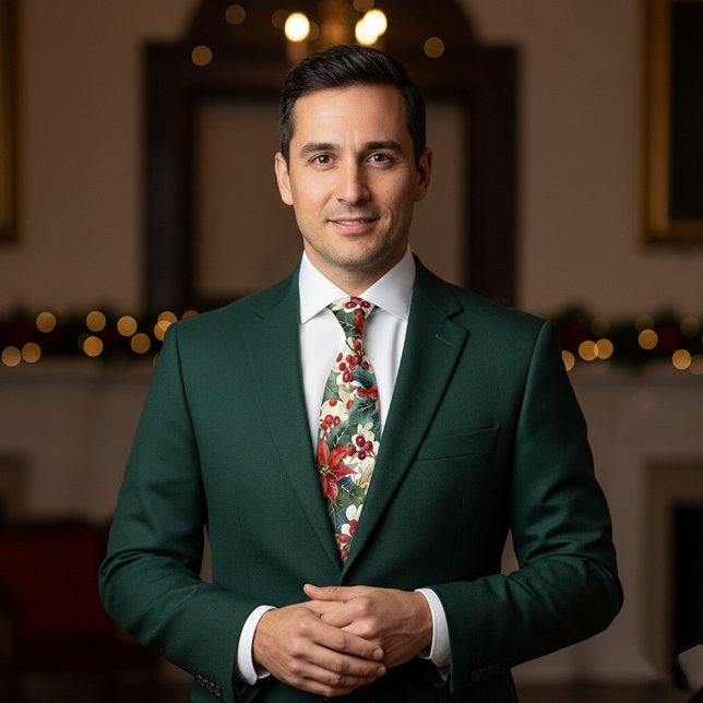 Watercolor poinsettia and holly pattern Christmas Neck Tie (Creator Uploaded)