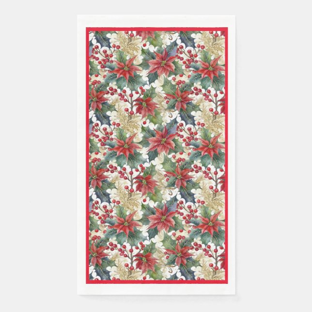 Watercolor poinsettia and holly pattern Christmas Paper Guest Towels (Front)