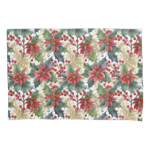 Watercolor poinsettia and holly pattern Christmas Pillow Case