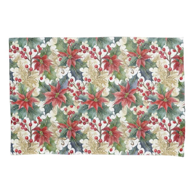 Watercolor poinsettia and holly pattern Christmas Pillow Case (Front)