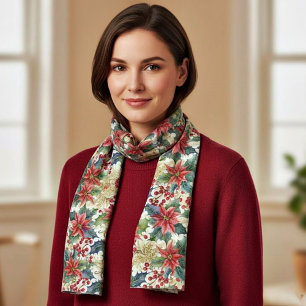 Watercolor poinsettia and holly pattern Christmas Scarf