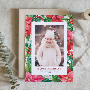 Watercolor Poinsettia and Holly Photo Christmas Holiday Card
