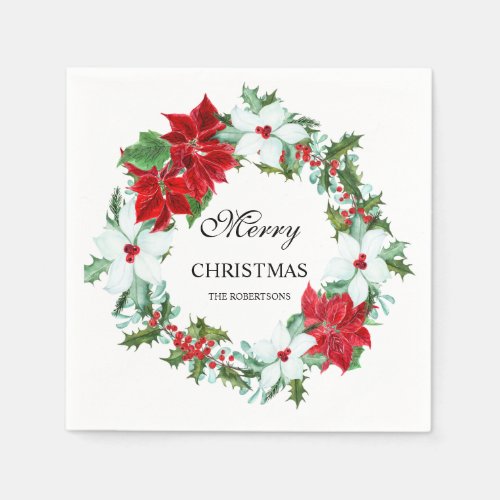 Watercolor Poinsettia and Merry Christmas  Party Napkins