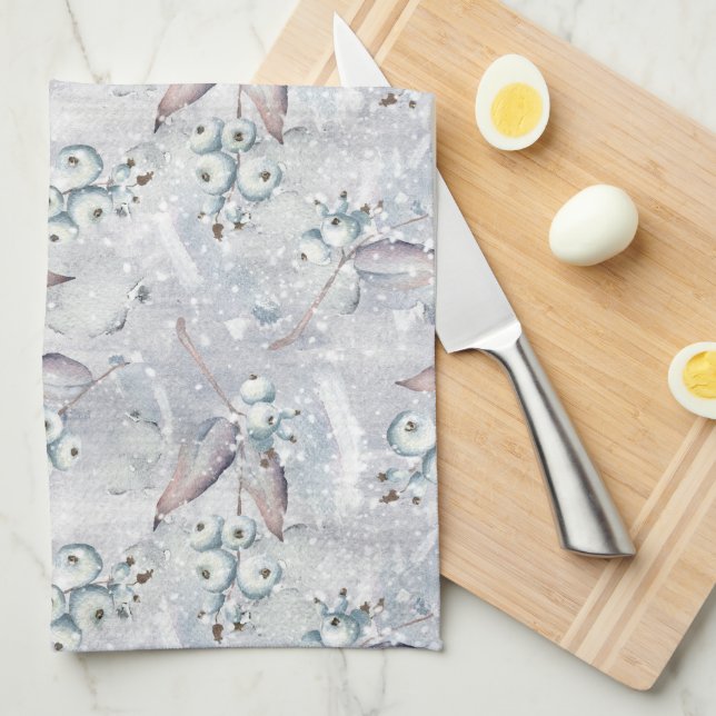 Watercolor poinsettia, berries , snow, kitchen kitchen towel (Quarter Fold)