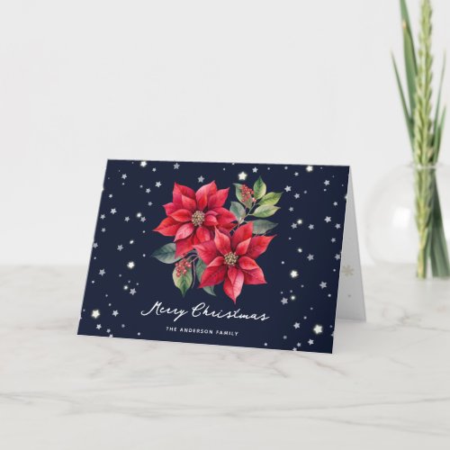Watercolor Poinsettia Blue Photo Merry Christmas Holiday Card