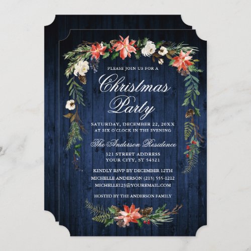 Watercolor Poinsettia Blue Wood Christmas Party Invitation