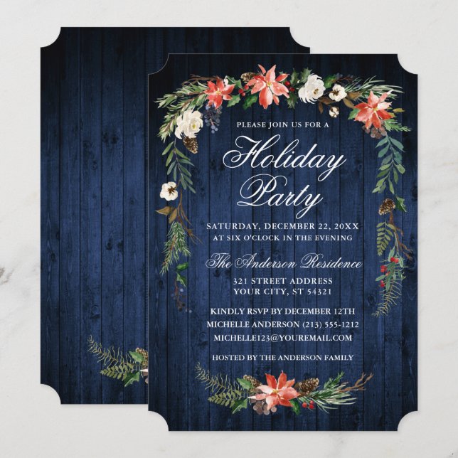 Watercolor Poinsettia Blue Wood Holiday Party Invitation (Front/Back)
