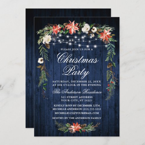 Watercolor Poinsettia Blue Wood Lights Christmas Invitation