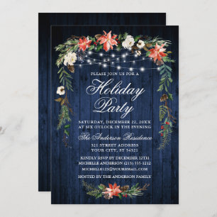 Watercolor Poinsettia Blue Wood Lights Holiday Invitation