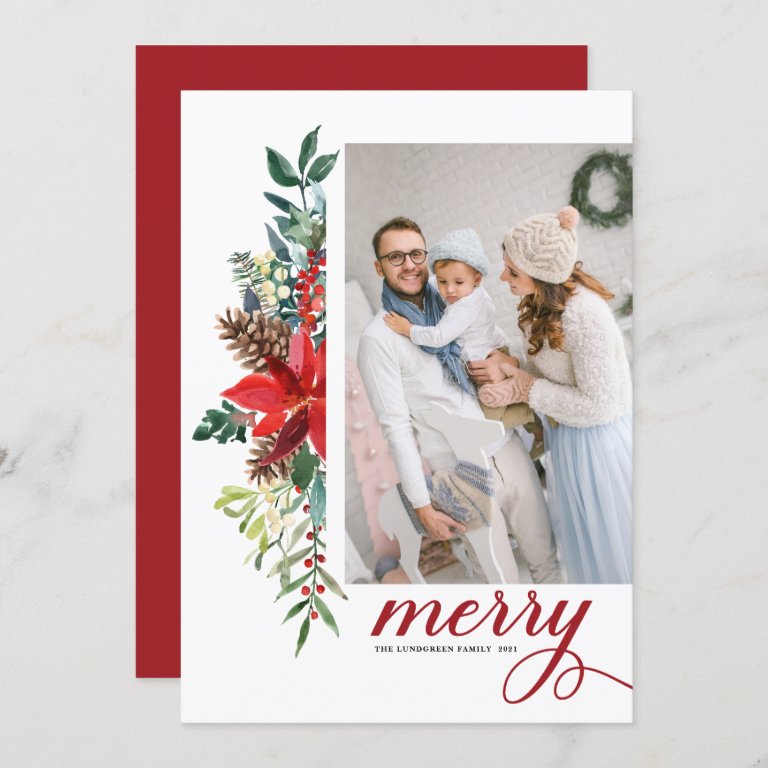 Watercolor Poinsettia Botanical Merry Christmas Holiday Card