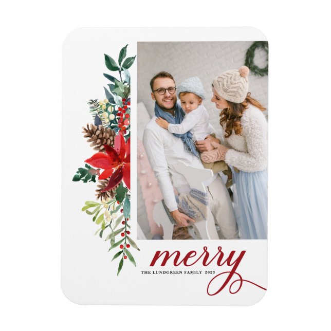 Watercolor Poinsettia Botanical Merry Christmas Magnet (Vertical)
