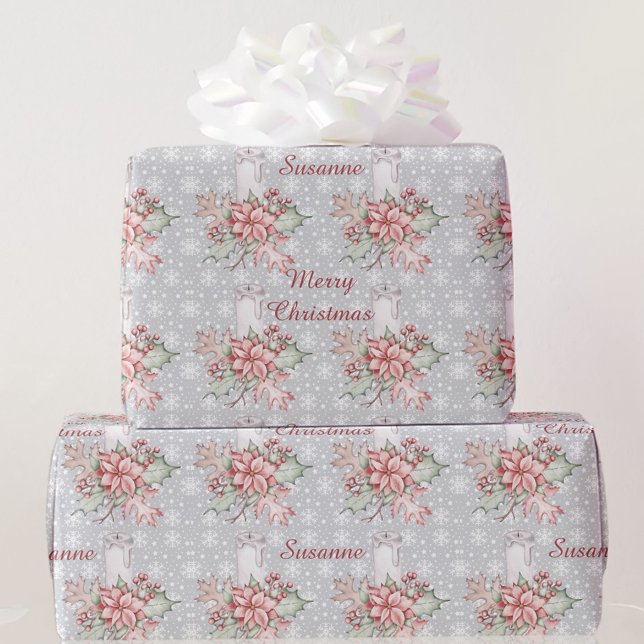 Watercolor Poinsettia & Candle Add Name Christmas Wrapping Paper (Creator Uploaded)