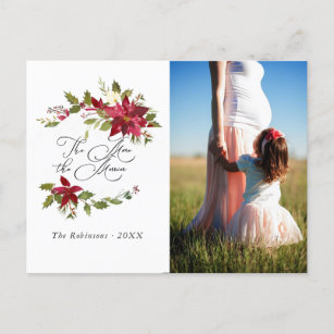 Watercolor Poinsettia Christmas Expecting Baby Announcement Postcard
