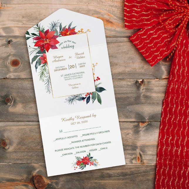 Watercolor Poinsettia Christmas Frame Wedding All In One Invitation (Creator Uploaded)