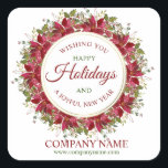 Watercolor Poinsettia Christmas Holiday Business Square Sticker<br><div class="desc">Lovely festive small business, corporate, company stickers and seals with hand painted watercolor poinsettia bouquet flowers and holly in green and deep red berry colors. Easy to edit by adding your text. HAPPY HOLIDAYS or MERRY CHRISTMAS & HAPPY NEW YEAR. Makes great cards to send to customers / clients during...</div>