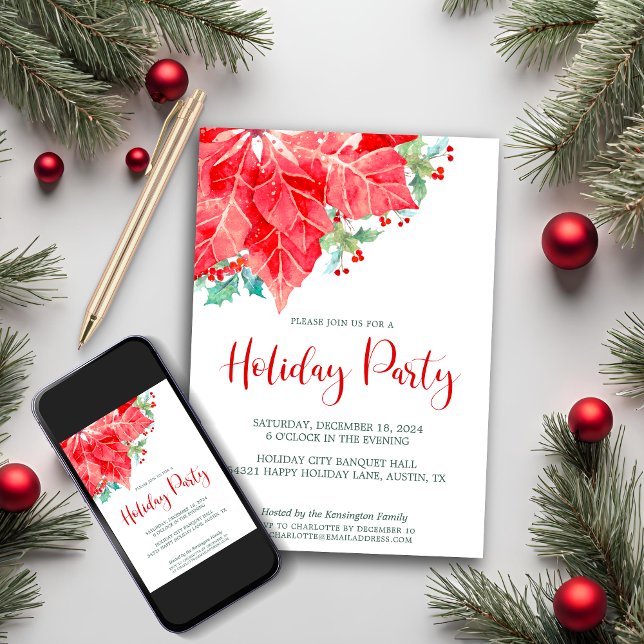 Watercolor Poinsettia Christmas Holiday Party (Watercolor Poinsettia Christmas Holiday Party Invitation with Digital Download)