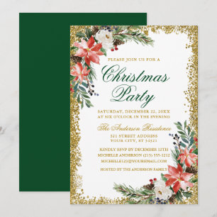 Watercolor Poinsettia Christmas Party Glitter Invitation