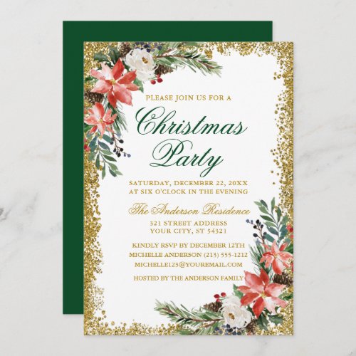 Watercolor Poinsettia Christmas Party Glitter Invitation