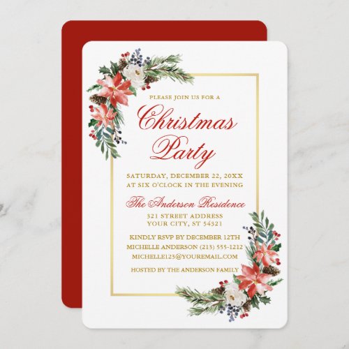 Watercolor Poinsettia Christmas Party Gold Red Invitation