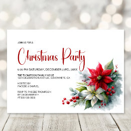 Watercolor Poinsettia Christmas Party Invitation