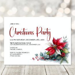 Watercolor Poinsettia Christmas Party Invitation