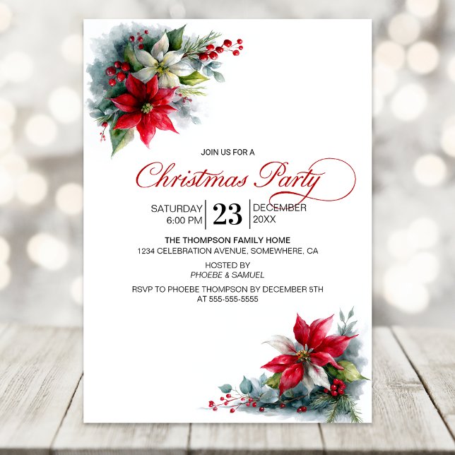 Watercolor Poinsettia Christmas Party Invitation (Creator Uploaded)