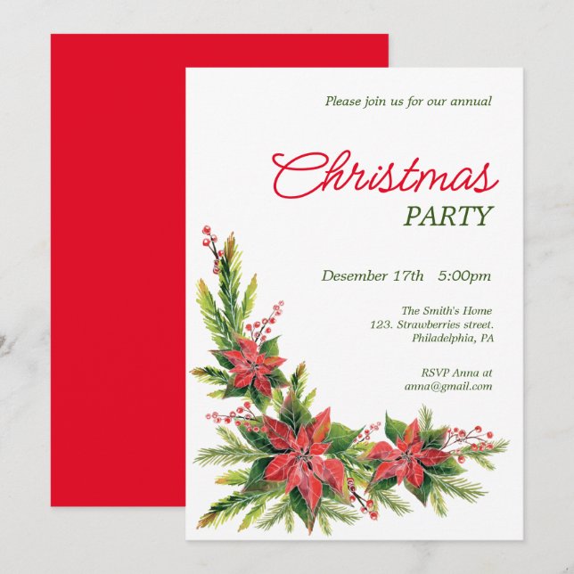 Watercolor poinsettia Christmas Party Invitation (Front/Back)
