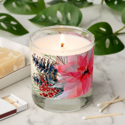 Watercolor Poinsettia Christmas Pinecones Scented Candle