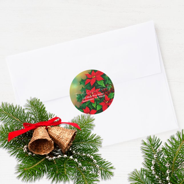 Watercolor Poinsettia Christmas Return Address Classic Round Sticker (Creator Uploaded)