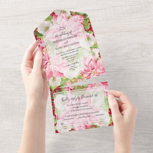 Watercolor Poinsettia Christmas Wedding All In One Invitation