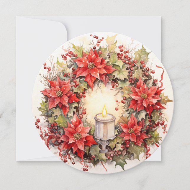 Watercolor poinsettia Christmas wreath Card (Front)