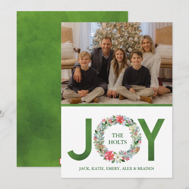 Watercolor Poinsettia Christmas Wreath Joy Holiday Card (Front/Back)