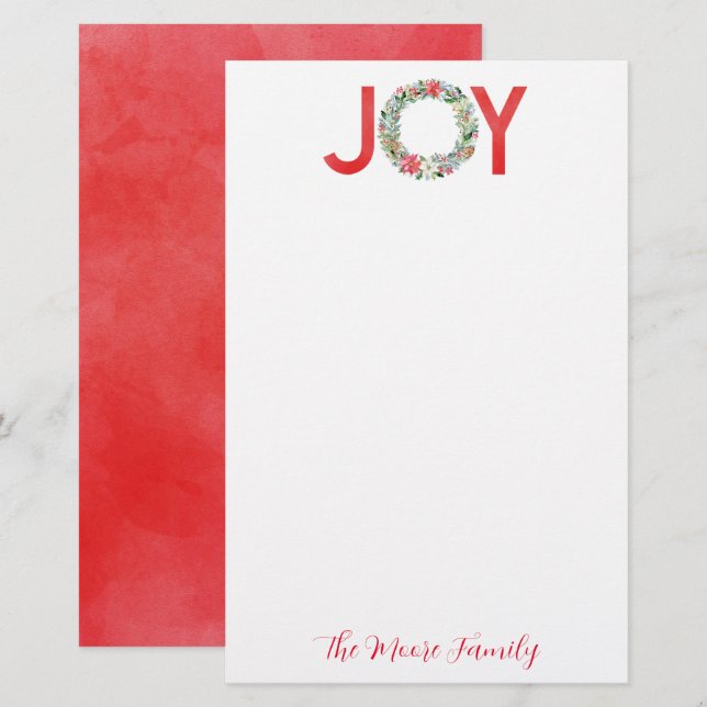 Watercolor Poinsettia Christmas Wreath Joy Stationery (Front/Back)