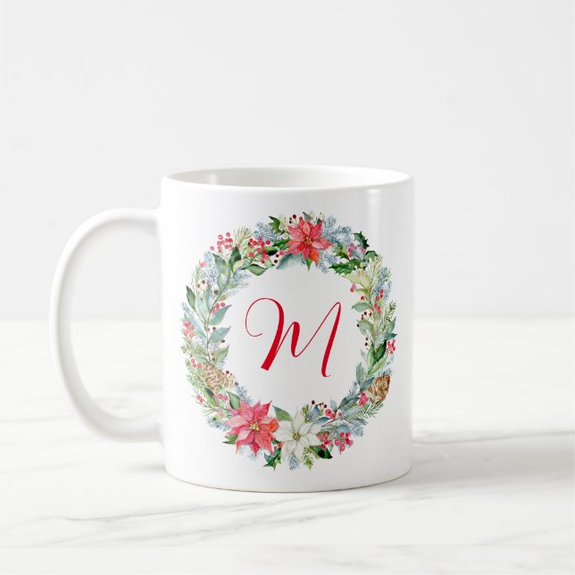 Watercolor Poinsettia Christmas Wreath Monogram Coffee Mug (Left)